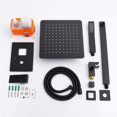 Collection of shower components including a rain shower head, handheld shower, and control panel on a white background.